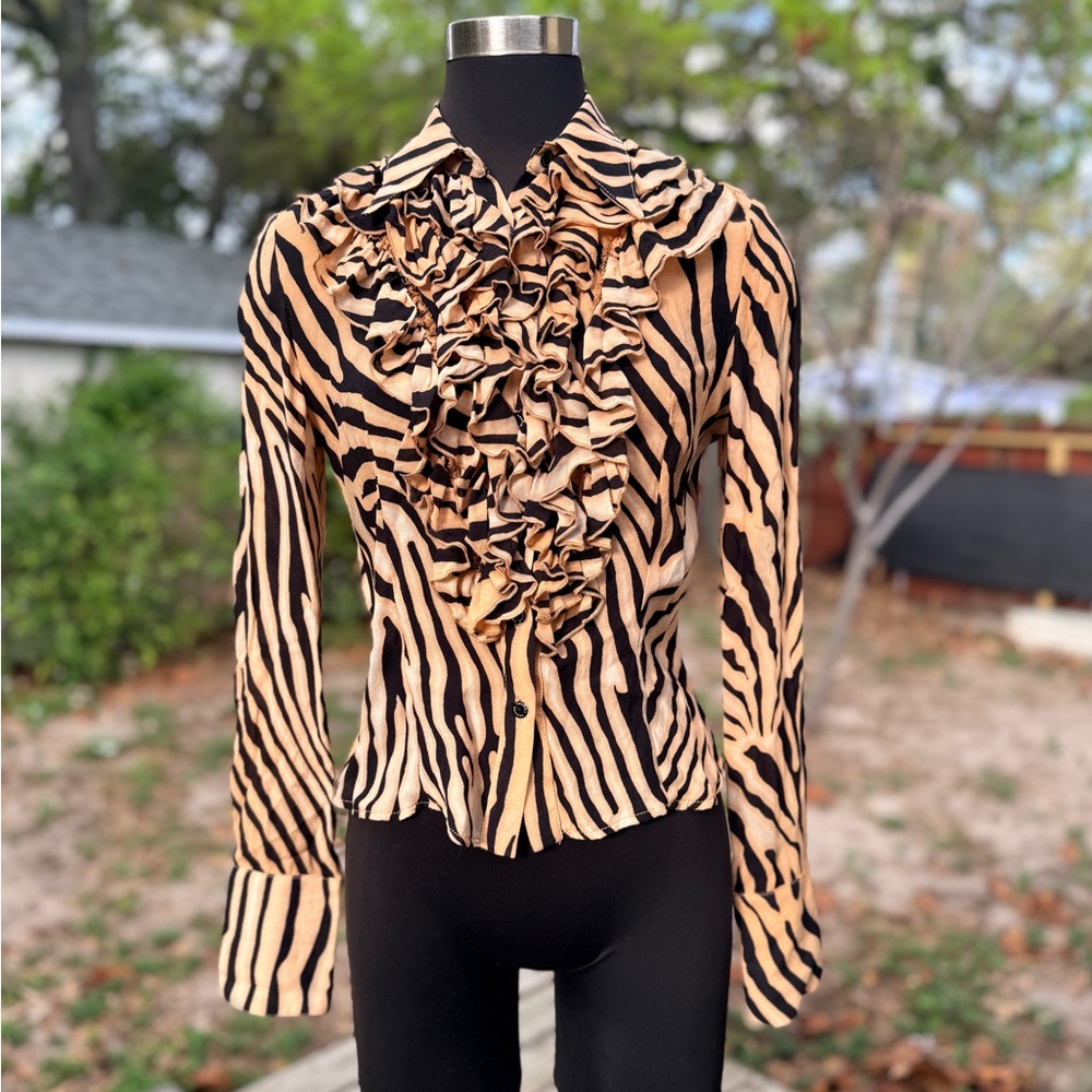 2000s Y2K Vertigo Paris Tiger Print Ruffle Blouse